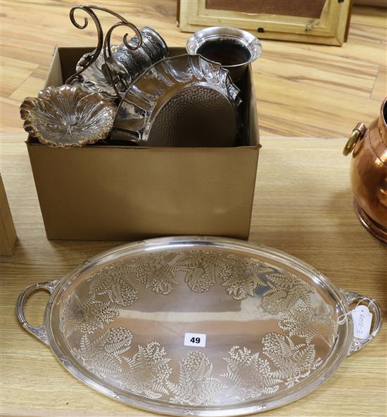A quantity of plated wares including a two handled tray